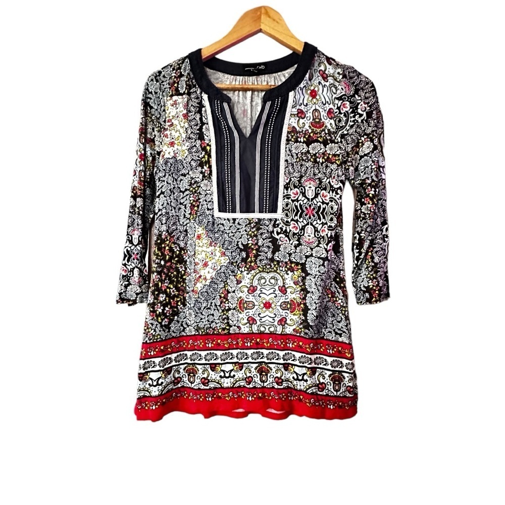 🔴5 for $40 RXB Womans Multi Color split neck collar 3/4 length sleeve tunic sz S